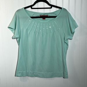 Sunset Road Pull Over Sequin Top Women’s Large Green Pleated Crew Neck Wide Hem